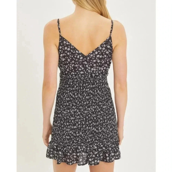 Floral Mini Smocked Dress Black White Print Adjustable Straps - Picture 5 of 11